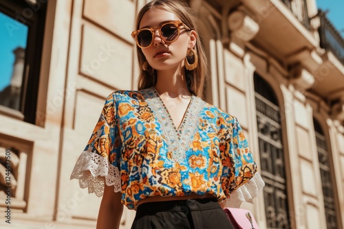 woman wearing flowy, embroidered peasant blouse with vibrant blue, orange, and yellow tile-inspired patterns, featuring puffed sleeves and intricate lace trim photo