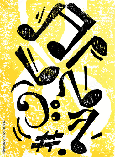 schwarze Musiknoten auf gelben Hintergrund. Expressionistischer, grafischer Look stellen Rhytmus und Bewegung der Musik dar.
