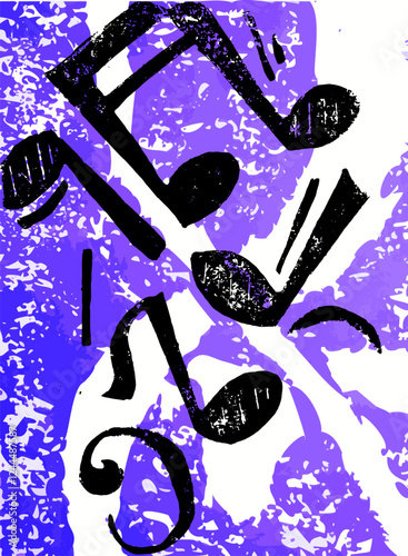 schwarze Musiknoten auf violettem Hintergrund. Expressionistischer, grafischer Look stellen Rhytmus und Bewegung der Musik dar.