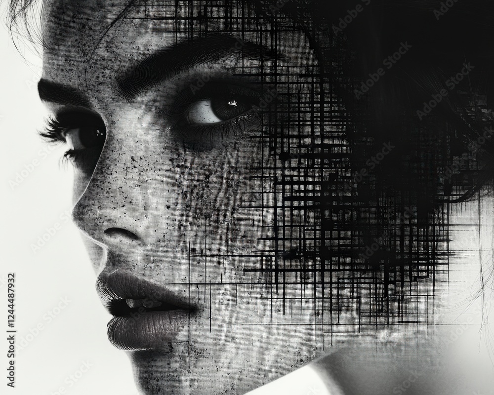 Obraz premium A captivating portrait showcasing a woman's face with intricate patterns, combining beauty and artistic expression in a unique visual experience.