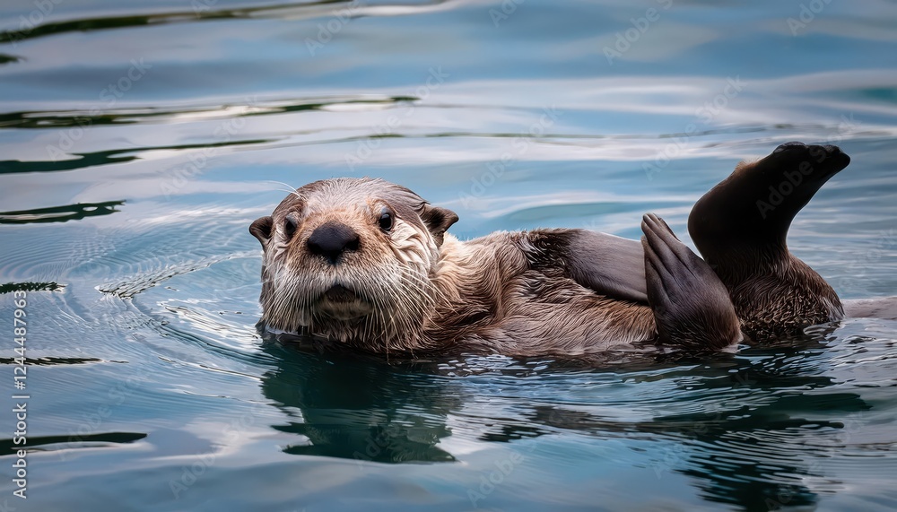 Endearing CloseUp of a Playful Sea Otter Lounging on its Back against the Oceanic Horizon, Glistening Fur and Expressive Eyes Capturing Curiosity in Stunning High Definition. Endearing CloseUp of a Playful Sea Otter Lounging on its Back against the Oceanic Horizon, Glistening Fur and Expressive Eyes Capturing Curiosity in Stunning High Definition.