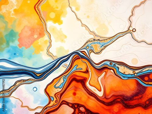 This abstract image showcases swirling patterns of vibrant colors, primarily blue, orange, and yellow, with subtle hints of green and pink.