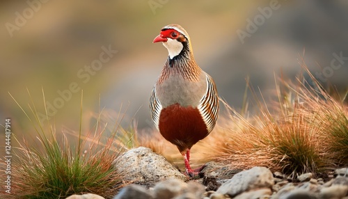 Striking Closeup of a Redlegged Partridge in Natural Habitat Vibrant Feathers and Earthy Textures Amidst Lush Greenery photo