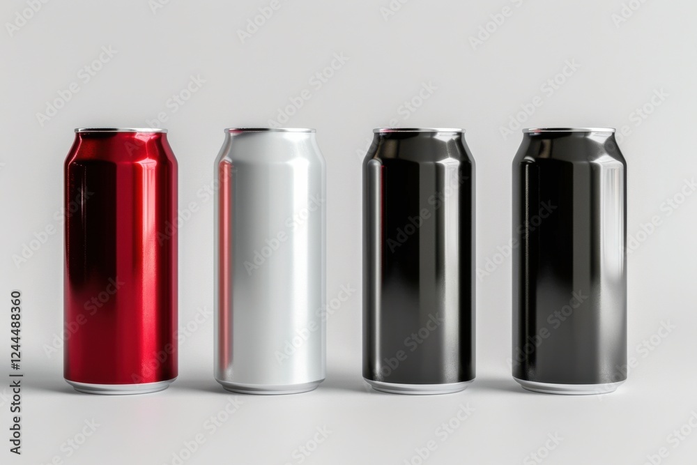 High-quality 3D render of aluminum slim cans in silver, white, black, and red, arranged on an isolated white background, perfect for beer can mockup templates High-quality 3D render of aluminum slim cans in silver, white, black, and red, arranged on an isolated white background, perfect for beer can mockup templates