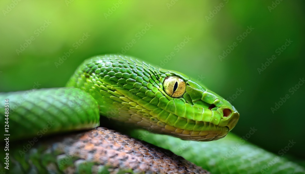 Striking Closeup of a Vivid Green Snake with Detailed Scales and Intense Eyes, Set Against a Lush Green Background Striking Closeup of a Vivid Green Snake with Detailed Scales and Intense Eyes, Set Against a Lush Green Background