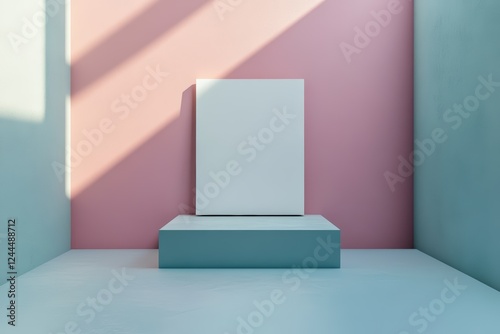 Minimalist studio with pink walls, blank canvas and soft lighting photo