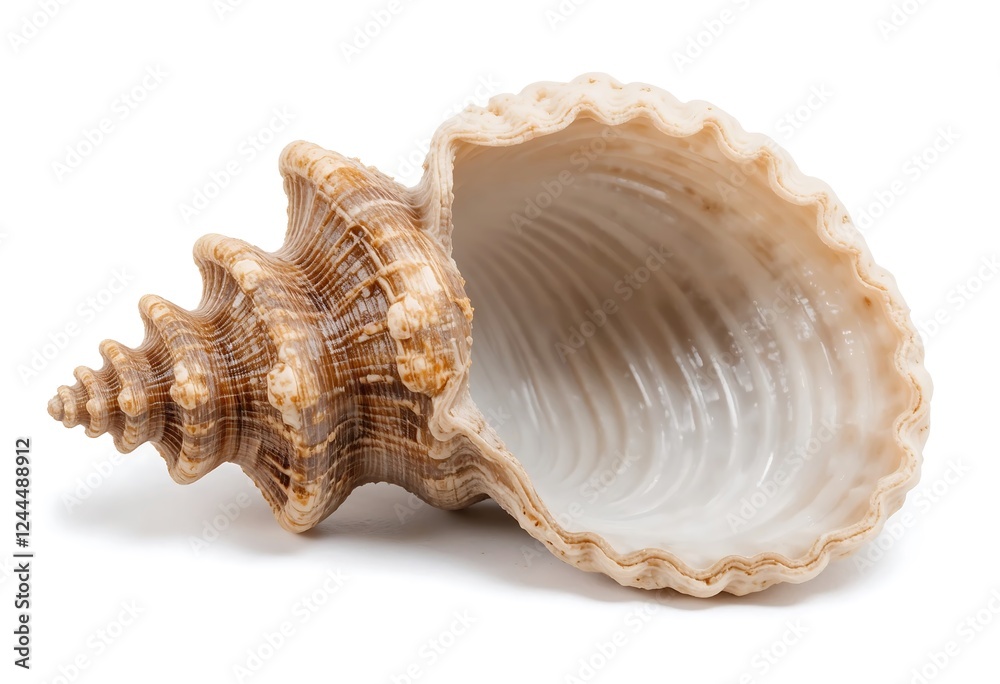 Close-up of an intricate seashell symbolizing ocean conservation, featuring detailed textures and natural colors on a white background. Close-up of an intricate seashell symbolizing ocean conservation, featuring detailed textures and natural colors on a white background.
