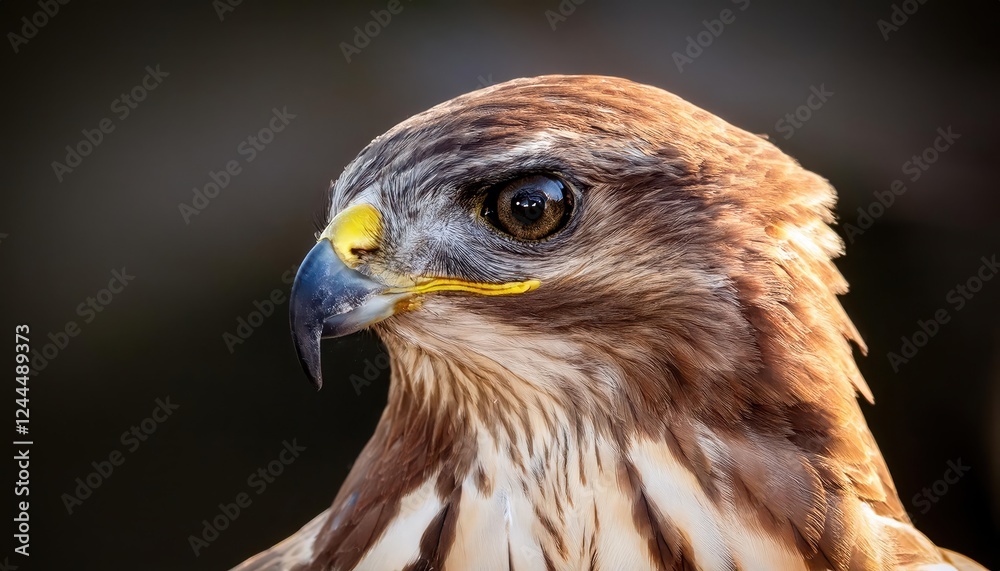 Striking Closeup of a Common Buzzard with Detailed Plumage and Intense Gaze against a Dusky Background, Showcasing the Birds Natural Majesty in the Wild Striking Closeup of a Common Buzzard with Detailed Plumage and Intense Gaze against a Dusky Background, Showcasing the Birds Natural Majesty in the Wild