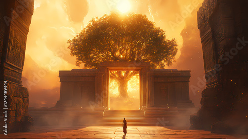 An esoteric concept linking karma and ancient incarnations with the sacred tree of life as the gate into the afterlife. Sacred Spaces & Temples. Illustration