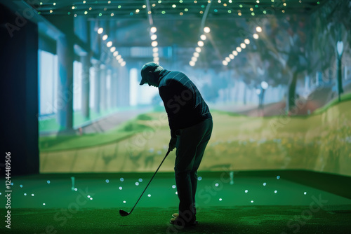 Silhouette of a man playing golf in a futuristic indoor simulator with glowing light