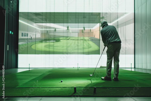 A person swinging a golf club in a bright indoor simulator with a high-tech design and lush virtual scenery