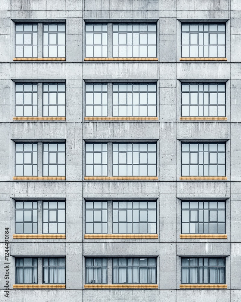 A modern concrete building facade featuring a matrix of large windows showcasing symmetry and minimalistic design principles. A modern concrete building facade featuring a matrix of large windows showcasing symmetry and minimalistic design principles.