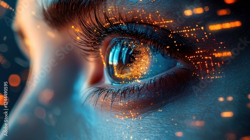 Futuristic eye closeup with holographic overlays and vibrant data