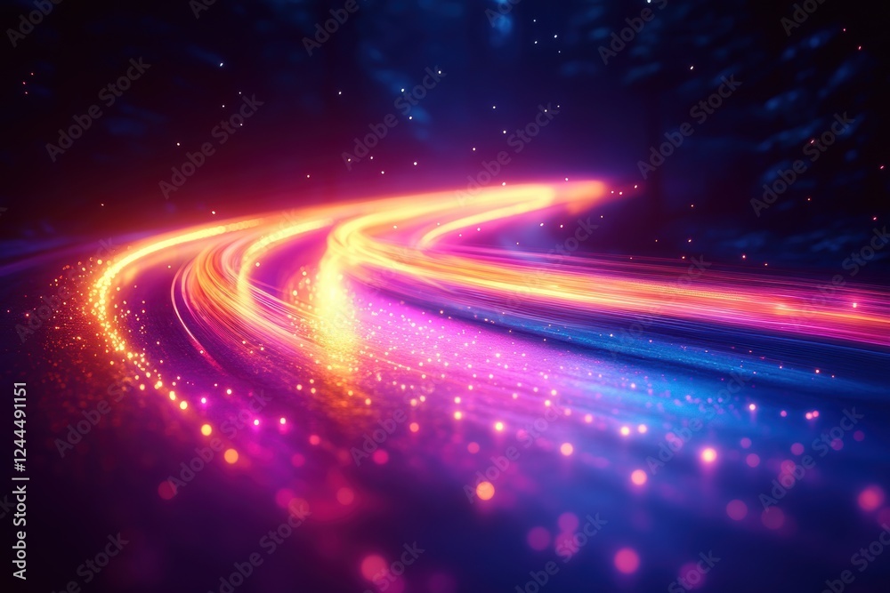 Fototapeta premium A vibrant, glowing road with colorful light trails in a dark forest setting.