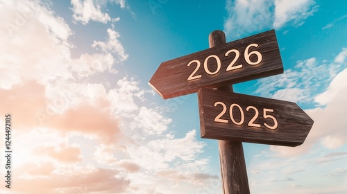Wooden directional signs showing 2026 new year and 2025 against blue sky creating a meaningful transition theme for new year 2026 theme designs