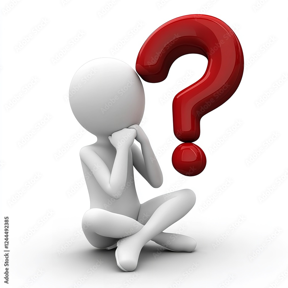 A 3D person thinking with a large red question mark on a white background A 3D person thinking with a large red question mark on a white background