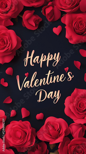 Elegant Valentine greeting with vivid red roses, heart shapes on deep background, symbolizing passionate romantic sentiment