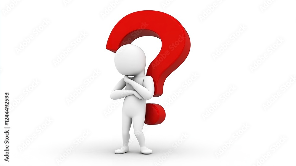 A 3D person thinking with a large red question mark on a white background A 3D person thinking with a large red question mark on a white background