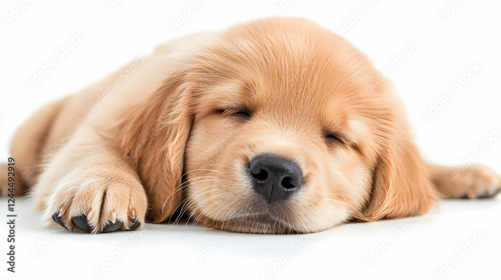 Golden Retriever puppy sleeping soundly on white background Golden Retriever puppy sleeping soundly on white background