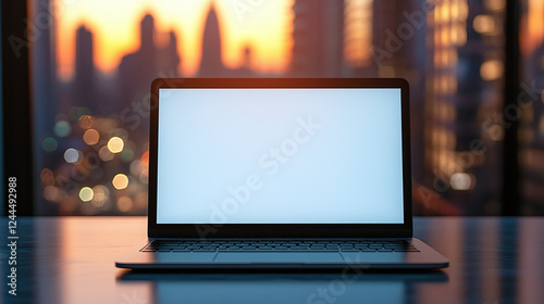 Laptop placed on the shiny and clean office table. city skyscrapers blurred in the background, tall buildings at the sunset seen through the white office glass windows, empty white blank screen. photo