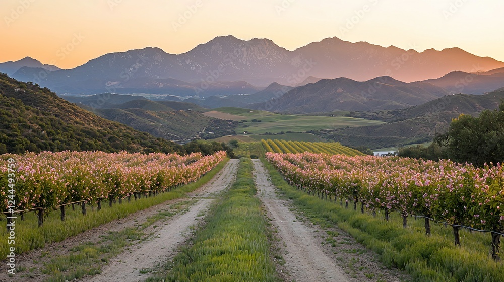 Naklejka premium Vineyard road leading to mountains at sunset.