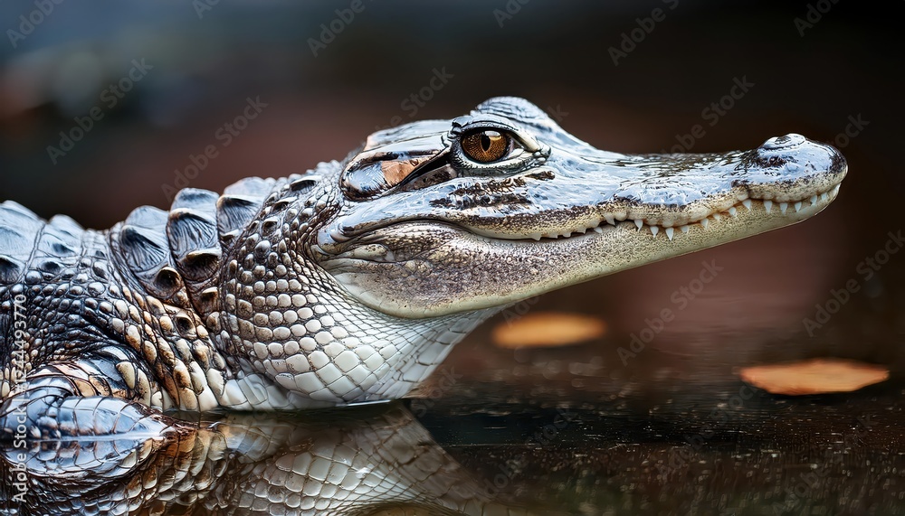 Striking Closeup of a Young Alligator Basking in the Florida Swamp, Captured at Dusk, Showcasing Reptilian Textures and Vivid Greens in a Moody Environment Striking Closeup of a Young Alligator Basking in the Florida Swamp, Captured at Dusk, Showcasing Reptilian Textures and Vivid Greens in a Moody Environment