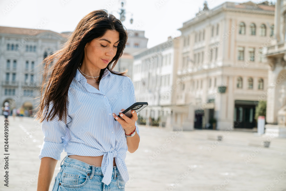 Fototapeta premium Beautiful young woman using her phone on the street in Italy 