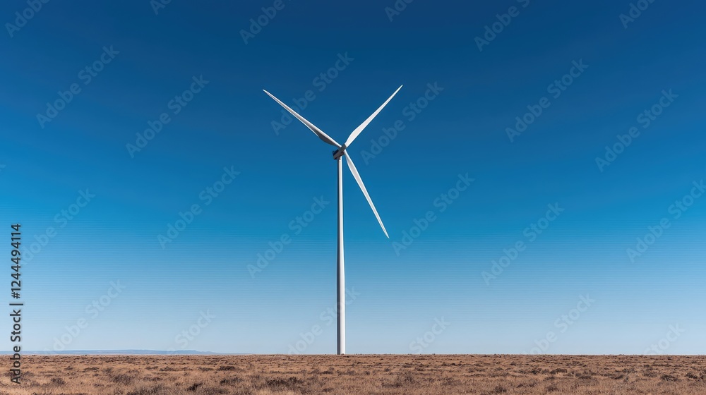 Fototapeta premium Wind turbine on a vast plain under a clear blue sky; renewable energy