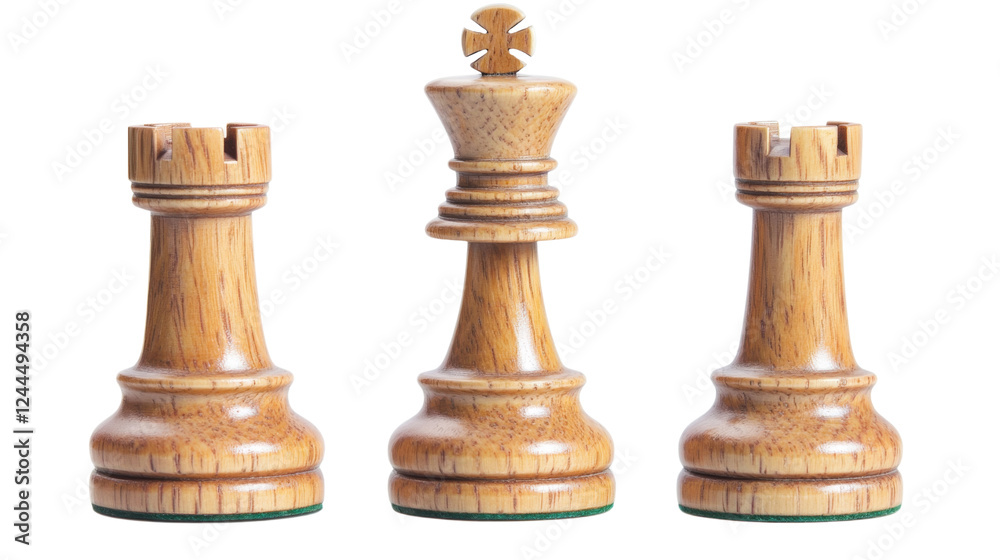 Wooden chess king standing between two rooks on transparent background Wooden chess king standing between two rooks on transparent background