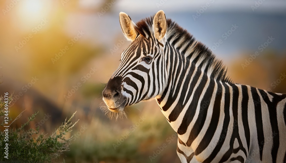 Fototapeta premium Striking Closeup of a Wild Zebras Muzzle Amidst Vibrant African Savannah Sunset, Showcasing the Beauty and Majesty of Nature
