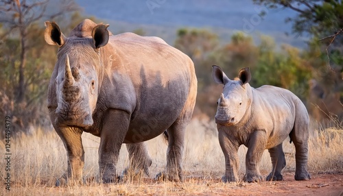 Intimate Moment Majestic White Rhinos Bonding in the Wild at Dawn, Marakele National Parks Savannah Backdrop photo