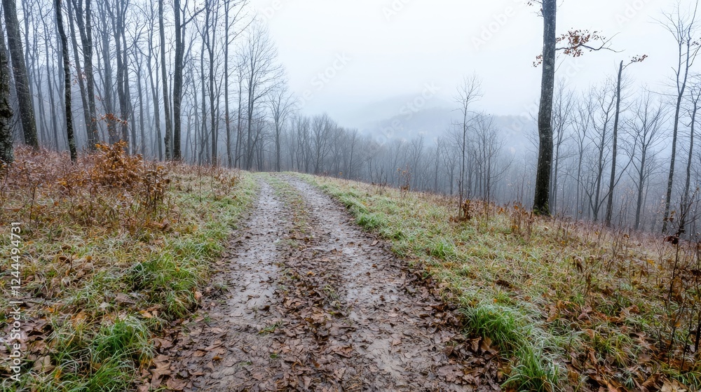 Misty autumn trail through forest, hills in background; nature scene Misty autumn trail through forest, hills in background; nature scene
