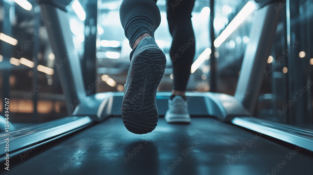 Young man walking or running on a treadmill machine in the modern gym interior. closeup of a youthful male person's legs and shoes, cardio workout, healthy lifestyle, active exercise. Young man walking or running on a treadmill machine in the modern gym interior. closeup of a youthful male person's legs and shoes, cardio workout, healthy lifestyle, active exercise.