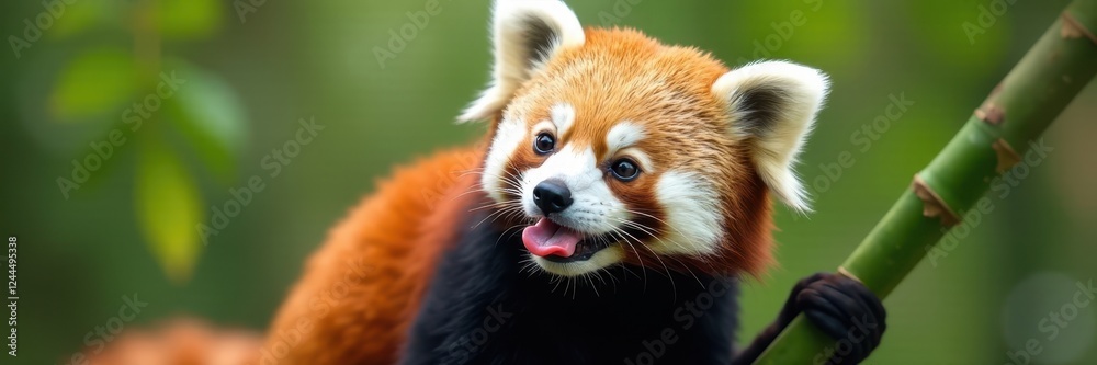 Playful red panda with bamboo, tongue sticking out , sharp, eating Playful red panda with bamboo, tongue sticking out , sharp, eating