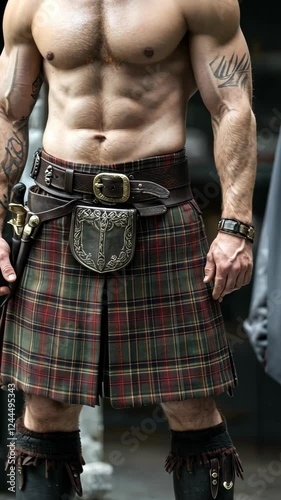 Muscular man in a kilt holding a sword at a cultural festival in a historical setting during the daytime