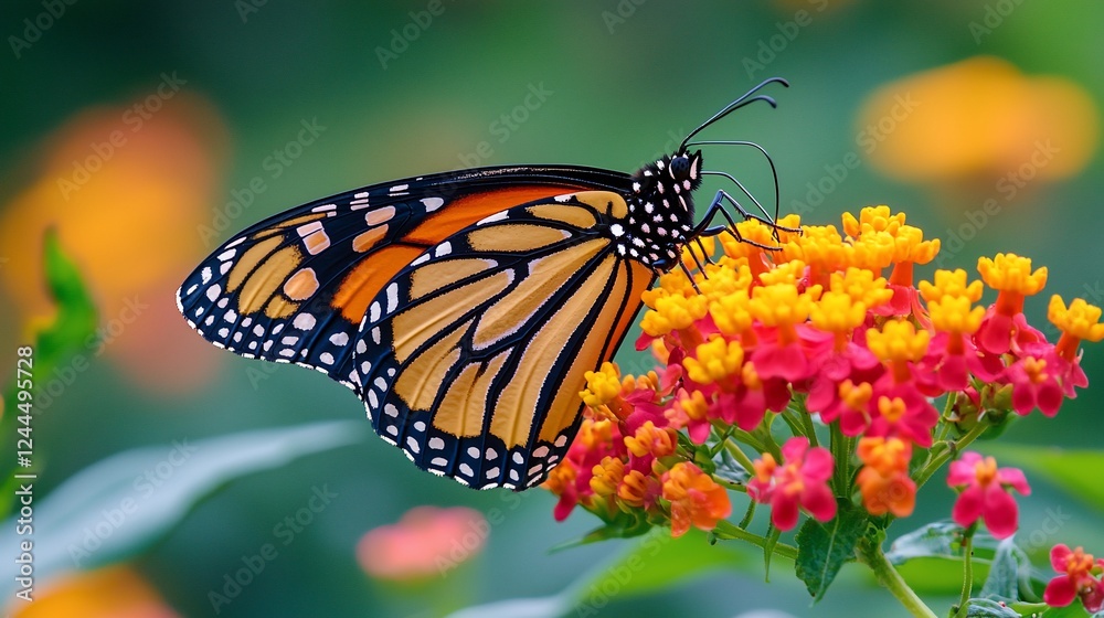 Monarch butterfly feeding on lantana flowers in a garden Monarch butterfly feeding on lantana flowers in a garden