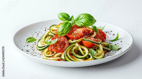 A fresh and vibrant zoodle dish featuring spiralized zucchini and ripe tomatoes, garnished with basil and spices, perfect for healthy cuisine. photo