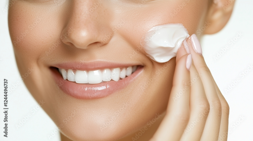 A close-up of a smiling woman applying cream to her face, her expression full of happiness. The bright, simple background and soft lighting accentuate her features. A close-up of a smiling woman applying cream to her face, her expression full of happiness. The bright, simple background and soft lighting accentuate her features.