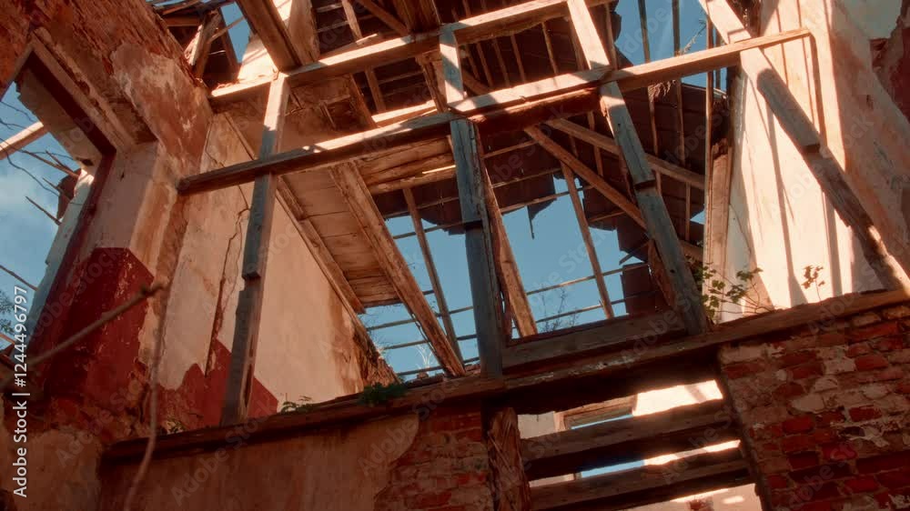 Abandoned building with collapsed roof and exposed beams Abandoned building with collapsed roof and exposed beams