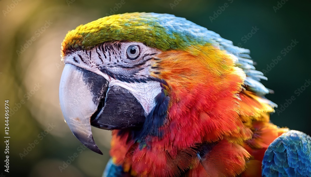 Vibrant and Striking CloseUp of a Playful Macaw Parrot, Showcasing a Spectrum of Colors Against a Lush Green Background Vibrant and Striking CloseUp of a Playful Macaw Parrot, Showcasing a Spectrum of Colors Against a Lush Green Background