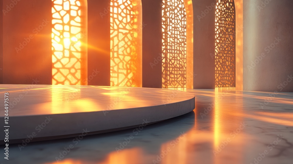 custom made wallpaper toronto digitalA refined close-up of an empty Ramadan podium, featuring soft geometric patterns and warm ambient lighting, perfect for a minimal celebration