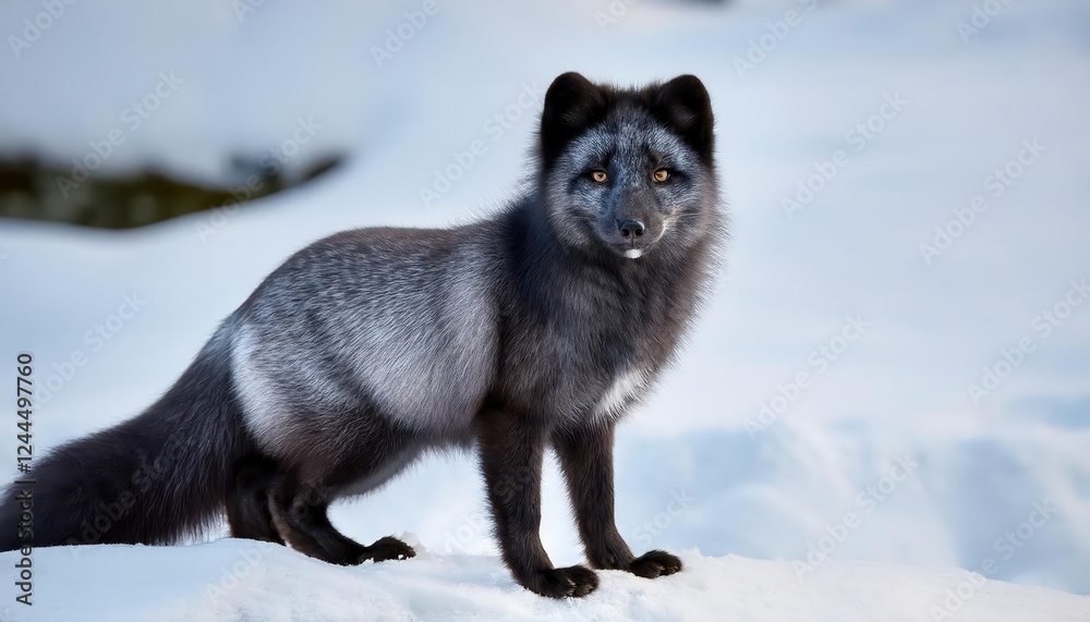 Naklejka premium Commanding Arctic Fox in a Frozen Winterland A Regal Blue Arctic Fox Stands Proudly Amidst Snowy Plains Under the CrystalClear Arctic Sky. characters