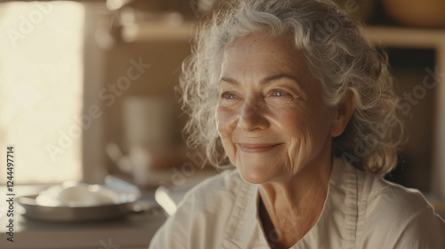 An older woman, captured from the shoulder up, gently massaging cream into her face with a warm smile. The plain, bright background and soft lighting accentuate her graceful, radia