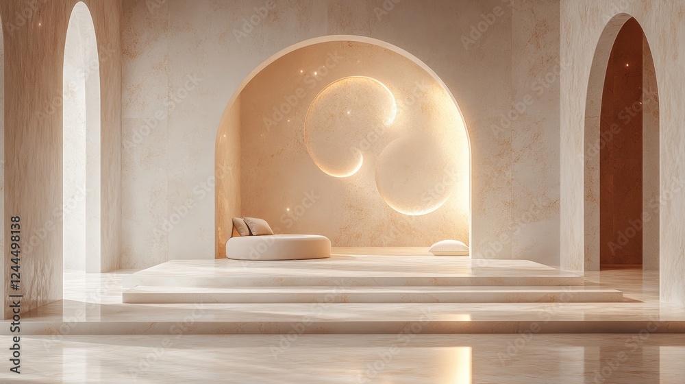 A refined, minimalistic podium with soft, flowing lines, featuring small crescent moons and geometric patterns, creating a peaceful and elegant Ramadan atmosphere A refined, minimalistic podium with soft, flowing lines, featuring small crescent moons and geometric patterns, creating a peaceful and elegant Ramadan atmosphere