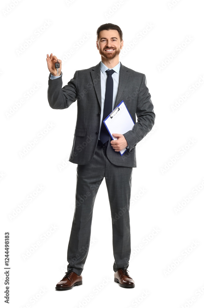 Cheerful salesman with car key and clipboard on white background Cheerful salesman with car key and clipboard on white background