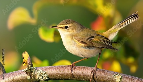 Stunning Common Chiffchaff Bird in Winter Forest, Phylloscopus collybita Displaying Vivid Colors and Detailed Feather Textures Against a SnowCovered Backdrop photo