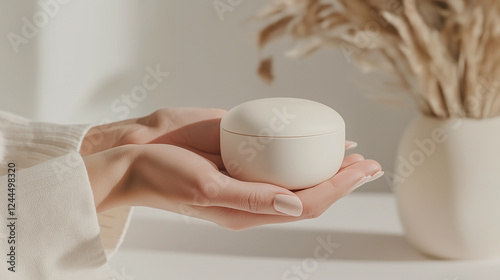 Female hands delicately hold a pristine white cream jar, their fingers gently wrapped around the smooth surface. The bright, minimalist background and soft lighting enhance the pur photo