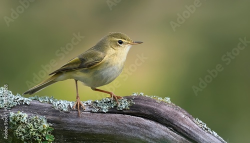 Striking Closeup of a Common Chiffchaff Bird Phylloscopus collybita Perched on Branches Amidst Dappled Green Forest Backdrop at Sunset photo