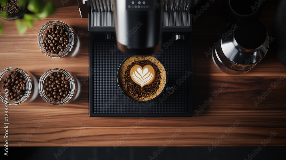 Fototapeta premium Aerial view of a specialty coffee brewing station with an espresso machine, a V60 pour-over setup, coffee beans in glass jars, and a latte with perfect art on a wooden background.