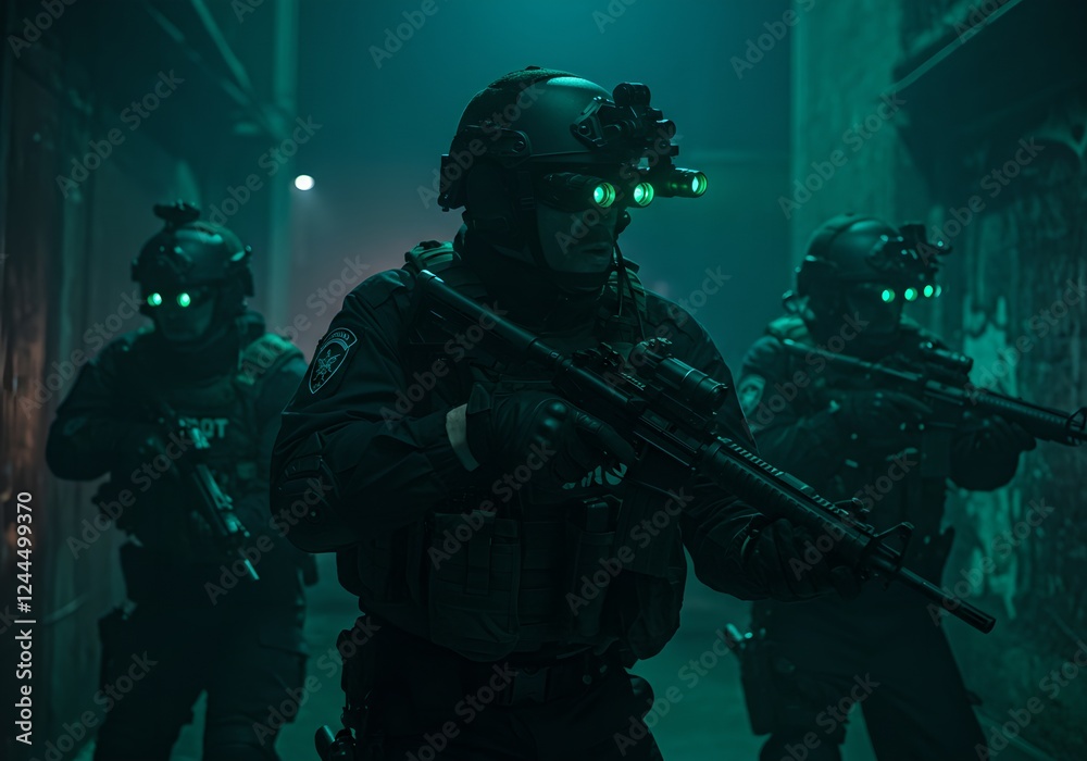 Special forces tactical unit patrolling dark corridor with night vision equipment. Armed swat team on covert military operation. Law enforcement action scene Special forces tactical unit patrolling dark corridor with night vision equipment. Armed swat team on covert military operation. Law enforcement action scene